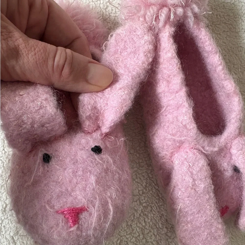 Baby Pink Pom Pom Felted Wool Bunny Slippers - Approx 9-12 Months